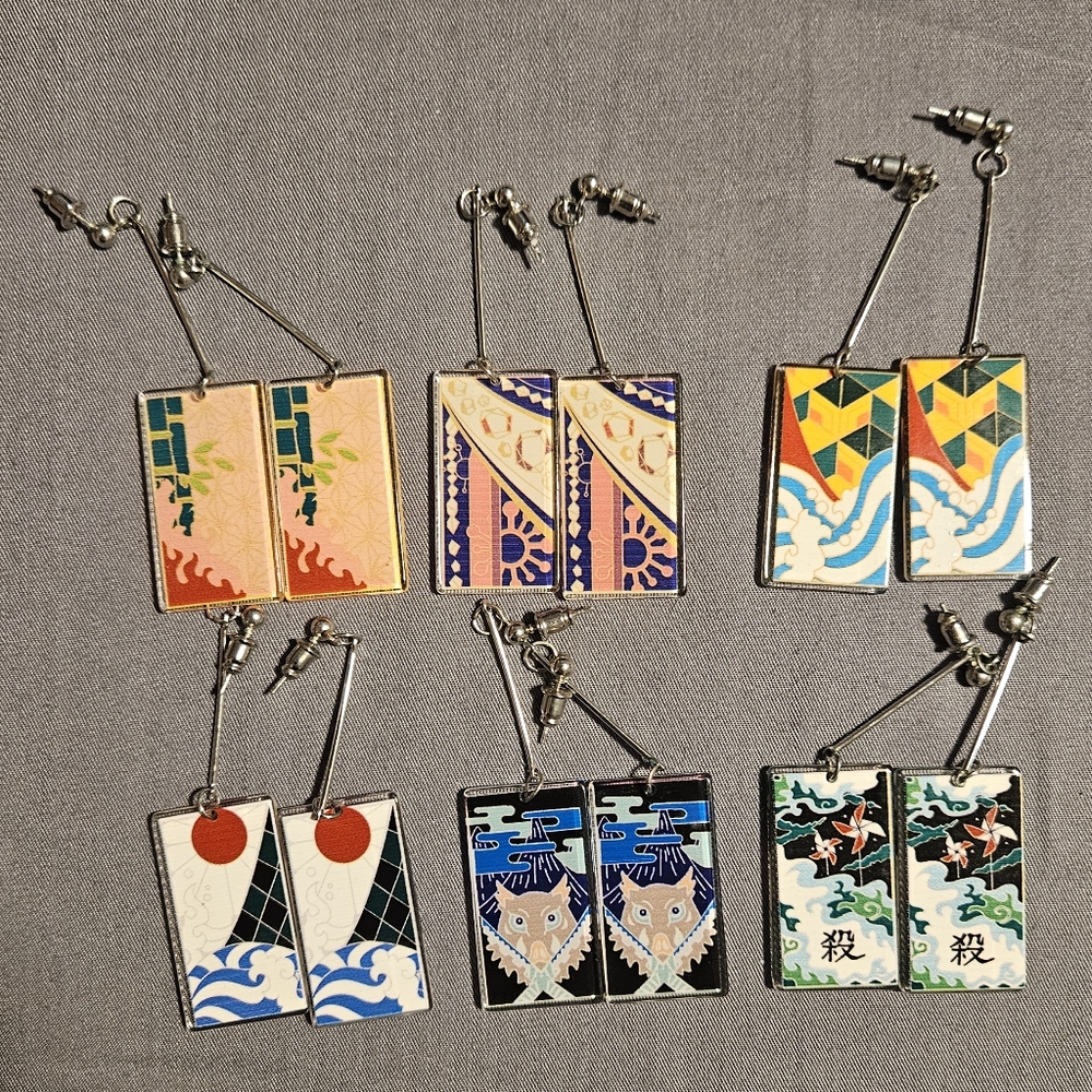 Set of 6 Pairs of Small Demon Slayer Inspired Hanafuda Earrings